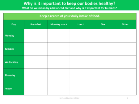 Keep a record of your daily intake of food - Worksheet
