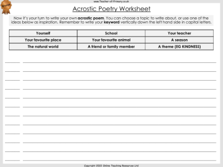 Acrostic Poetry - Worksheet
