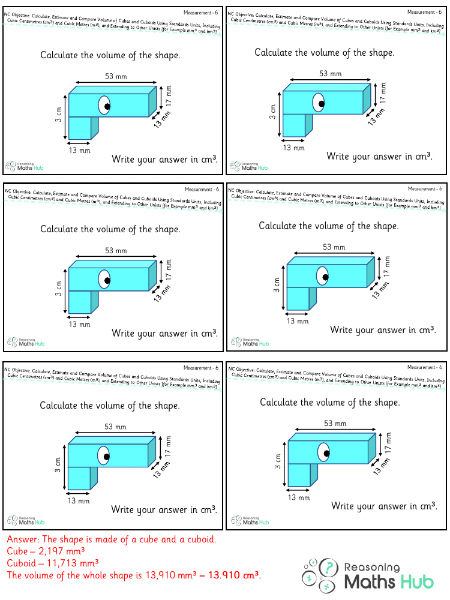 Calculate, estimate and compare volume of cubes and cuboids using standards units, including cubic centimetres and cubic metres (m3), and extending to other units [for example, mm3 and km3] 5 - Reasoning