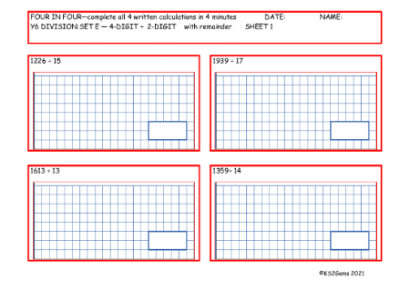 Division Set E 4 digit number - 2 digit number with remainder