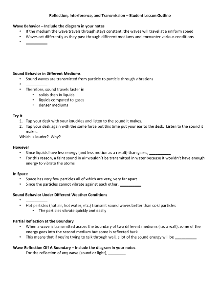 Reflection, Interference, and Transmission - Student Lesson Outline