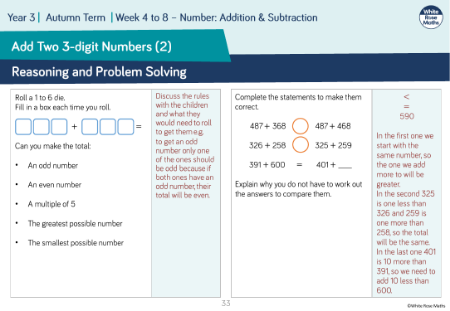 Add two 3-digit numbers â€” crossing 10 or 100: Reasoning and Problem Solving