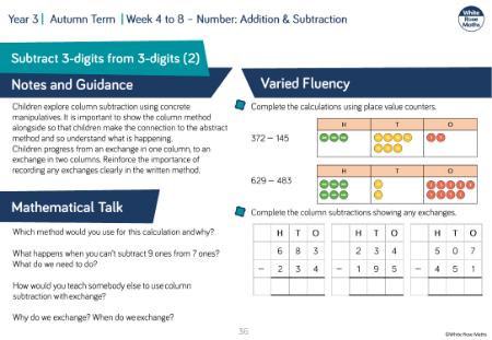 Subtract a 3-digit number from a 3-digit number â€” exchange: Varied Fluency