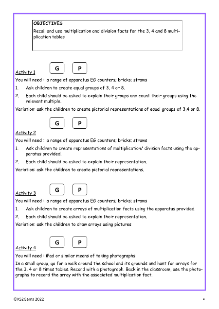 Facts from 3, 4, 8 times tables worksheet