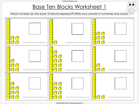 Base Ten Blocks - Numbers 11-19 - Worksheet
