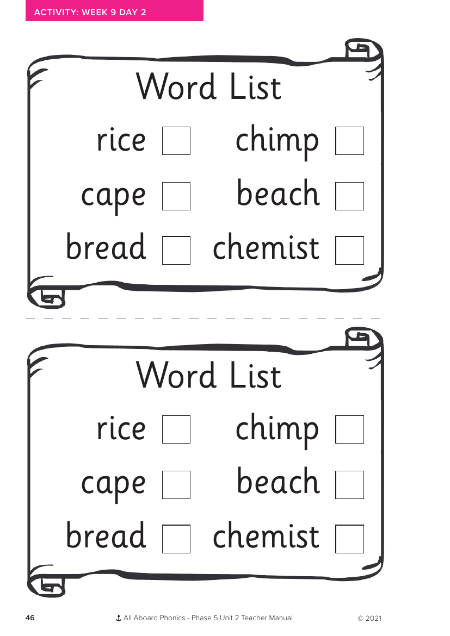 Word List activity - Worksheet 