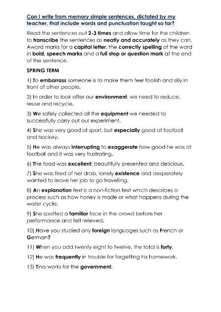 Spellings Dictation Year 5 and Year 6 - Spring Term Worksheet