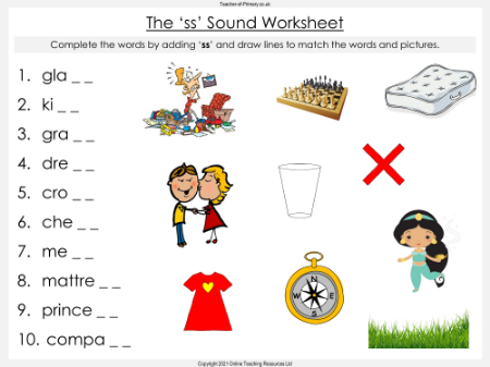 The 'ss' Sound - Phonics Teaching Resource with Worksheets - Worksheet