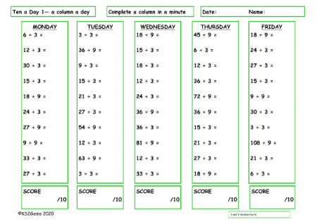 3 and 9 Division Facts