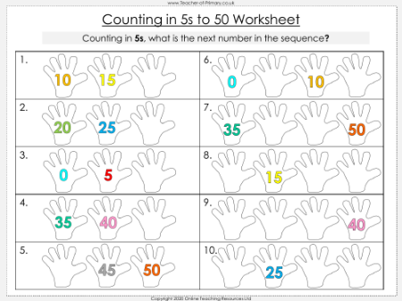 Counting in 5s to 50 - Worksheet