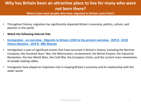 Where have most people who have migrated to Britain come from? - Info Pack - Year 6