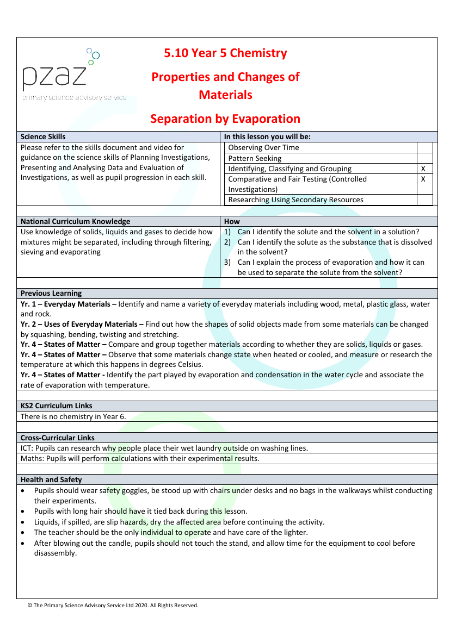 Separation by Evaporation - Lesson Plan