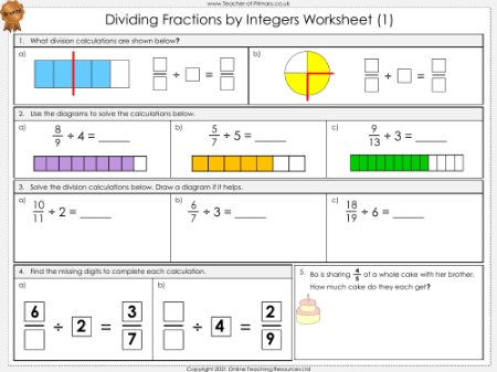 Dividing Fractions by Integers - Worksheet