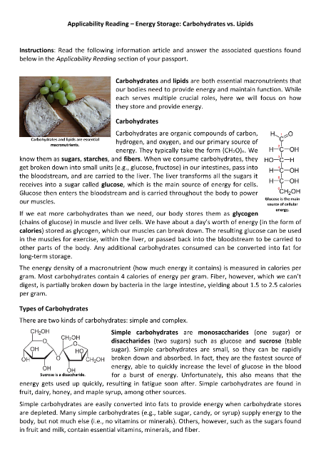 Carbohydrates and Lipids - Applicability Reading