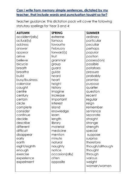 Spellings Dictation Year 3 and Year 4 - Worksheet