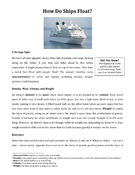 Density and Buoyancy - How Do Ships Float Reading with Comprehension Questions 1