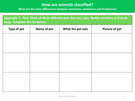 Classifying pets - Worksheet