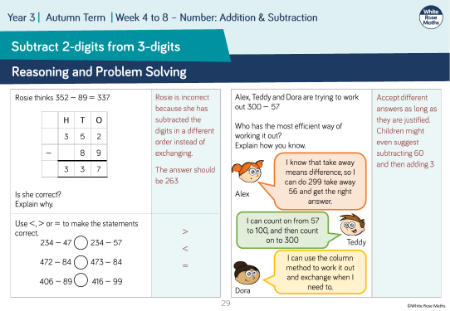 Subtract a 2-digit number from a 3-digit number â€” crossing 10 or 100: Reasoning and Problem Solving