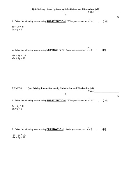 Substituation and Elimination Quiz