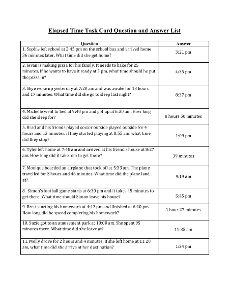 Calculating Elapsed Time - Task Cards Activity Answers