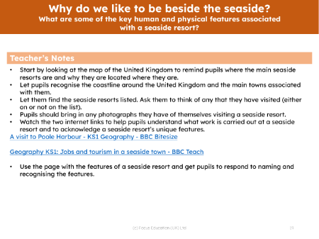 What are some of the key human and physical features associated with a seaside resort? - Teacher notes