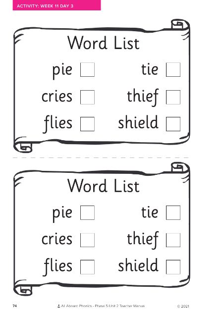 Word List activity - Worksheet