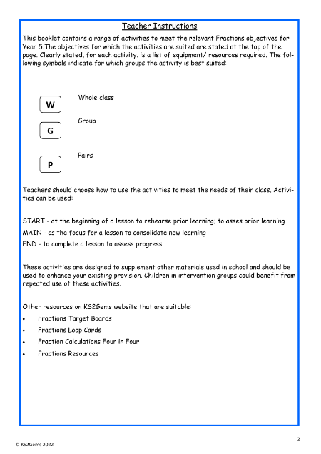 Fractions Teacher Instructions