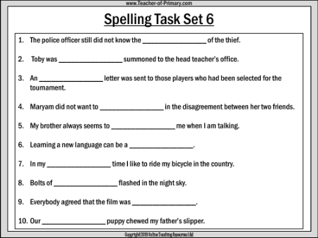 Spellings - Set 6 Worksheet