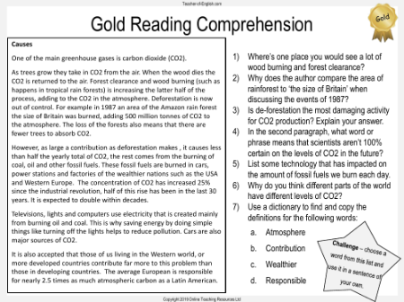 Gold Reading Comprehension Worksheet