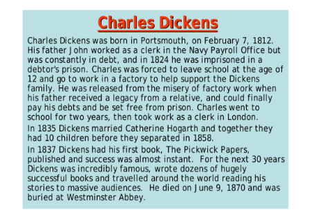Biography and Autobiography - Lesson 1 - Charles Dickens Worksheet
