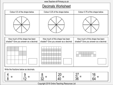 Halves, Quarters and Three Quarters as Decimals - Worksheet