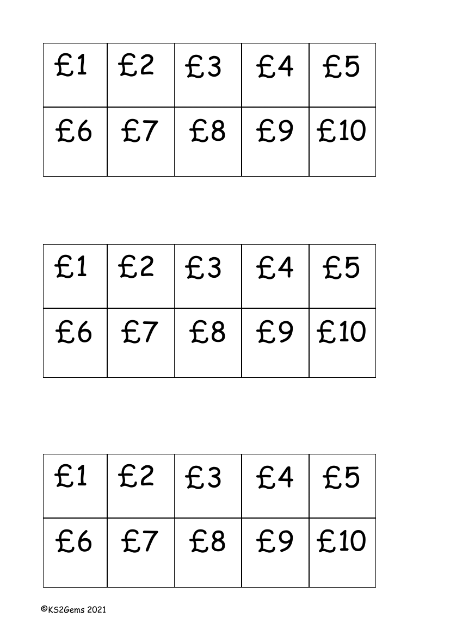 Digit Cards Whole £1 to £10