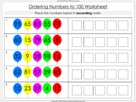 Ordering Numbers to 100 - Worksheet