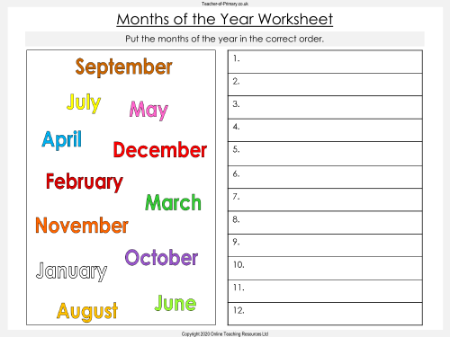 Months of the Year - Worksheet