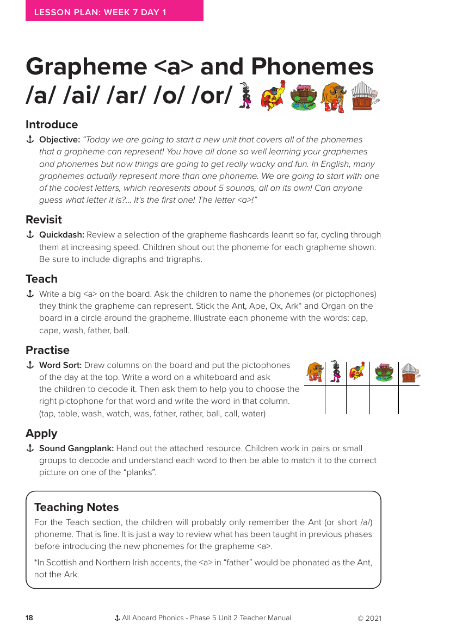 Grapheme "a", Phonemes "a,ai,ar,o,or" - Lesson plan