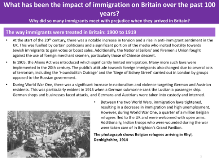 The way immigrants were treated in Britain: 1900 to 1919 - Info sheet