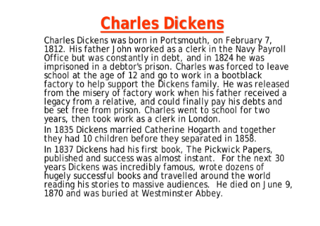 The Life of Charles Dickens - Lesson 3 - Charles Dickens Information Worksheet
