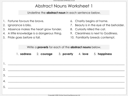 Abstract Nouns - Worksheet