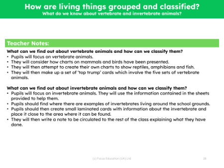 What do we know about vertebrate and invertebrate animals? - Teacher notes