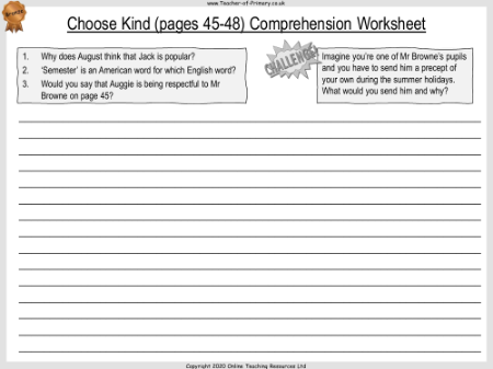 Wonder Lesson 14: Choose Kind - Comprehension Worksheet 1