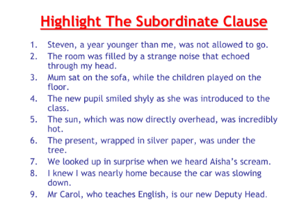 Writing to Entertain - Lesson 7 - Subordinate Clause Worksheet
