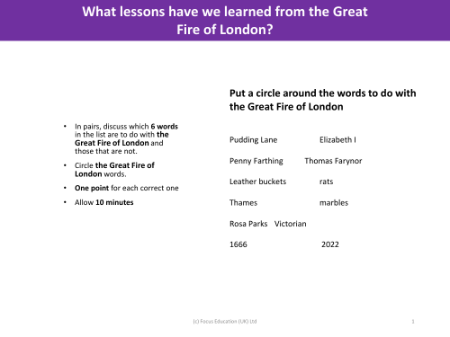 Word sorts - Great Fire of London