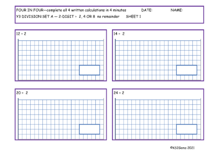 Division Set A 2 digit number 2, 4 or 8 no remainder