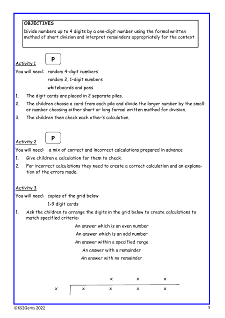 Short division worksheet