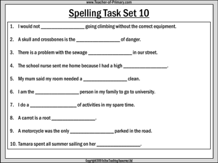 Spellings - Set 10 Worksheet