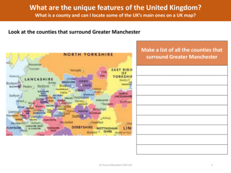 Counties around Greater Manchester - Worksheet - Year 3