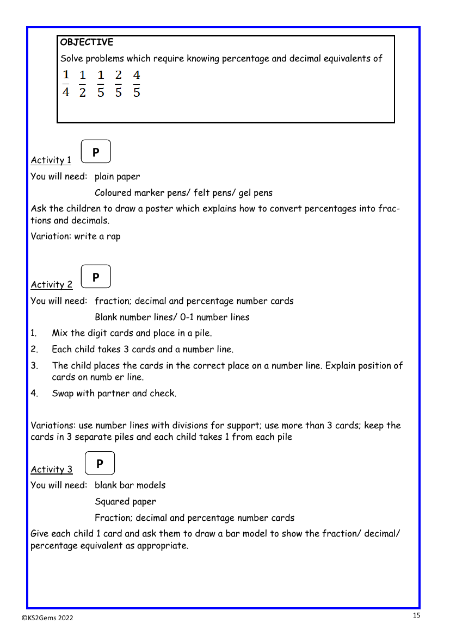 Decimal and percentage equivalents of fractions worksheet