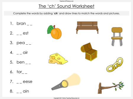The 'ch' Sound - English Phonics teaching PowerPoint with Worksheets - Worksheet