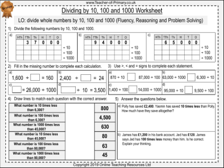 Dividing by 10, 100 and 1000 - Worksheet