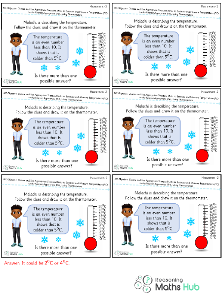 Choose and use appropriate standard units to estimate and measure temperature (C) to the nearest appropriate unit, using thermometers 4 - Reasoning